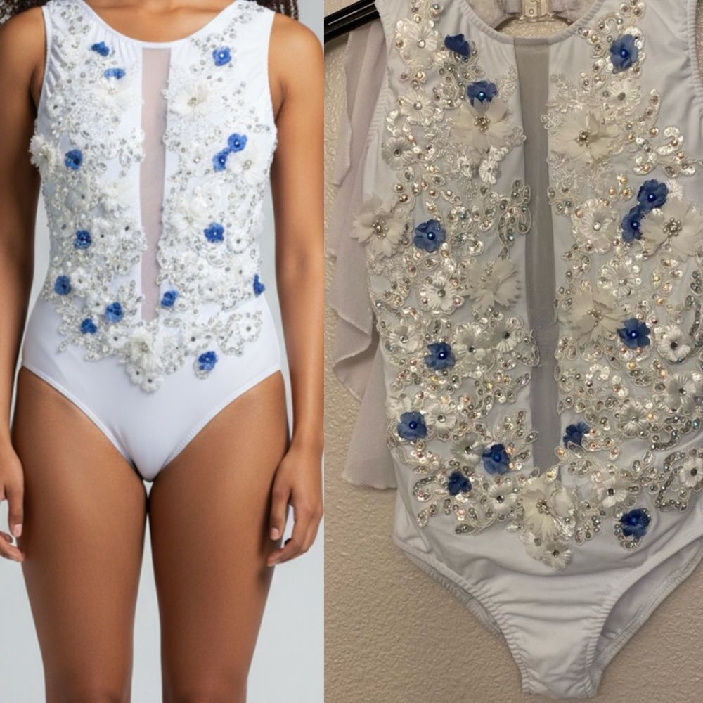 Glamour dance costume leotard white blue embellished rhinestone lace child XLC